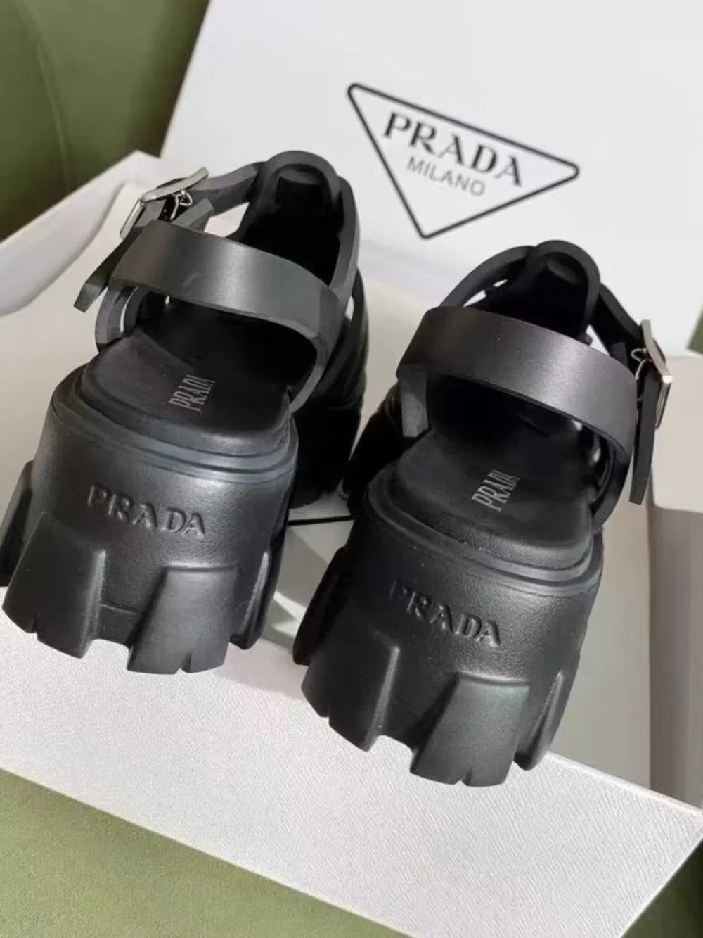 Prada Black Woven Lug Sole Slingback Sandals
